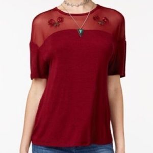 Maroon TShirt with Mesh and Rose Appliqué